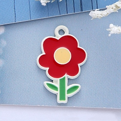 Red Spray Painted Alloy Enamel Pendants, Flower, Red, 24x13mm