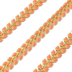 Оранжевый Латунные эмалевые листовые цепи, пайки, долговечный, с катушкой, золотые, оранжевые, ссылка: 6x7x2 mm, около 32.81 футов (10 м) / рулон