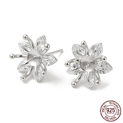 Real Platinum Plated Rhodium Plated 925 Sterling Silver Stud Earring Findings, with Cubic Zirconia, Flower, for Half Drilled Beads, Real Platinum Plated, 12x12x5mm, Pin: 0.7mm