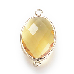 Gold Glasverbindungsstecker, mit Messing-Zubehör, facettiert, ellipsenförmige, Gold, 18.5x10.5x4.5 mm, Bohrung: 2.5 mm