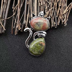 Унакит Ожерелья с подвеской в форме кошки из сплава паве из натурального унакита, Женские ожерелья из искусственной кожи, платина, 17.72 дюйм (45 см)