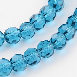 Cyan Transparent Glass Bead Strands, Imitate Austrian Crystal, Faceted, Round, Cyan, 6mm, Hole: 1mm, about 96~98pcs/strand, 20~21 inch