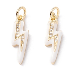 Белый Латунные микропаве прозрачные подвески с фианитом, с эмалью и прыжковым кольцом, долговечный, удар молнии, реальный 18 k позолоченный, белые, 19x5.5x2 мм, отверстие : 3.6 мм