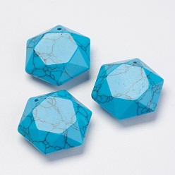 Синтетическая Бирюза Синтетические бирюзовые подвески, шестиугольник, 28~29x25x9~10 мм, отверстие : 1.5 мм