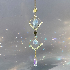 Зеленый Авантюрин Подвесные украшения в виде проволочных самородков из натурального зеленого авантюрина и металла в форме ромба, Стеклянные ловцы солнца с кисточками для украшения сада на открытом воздухе, 450x50x10 мм