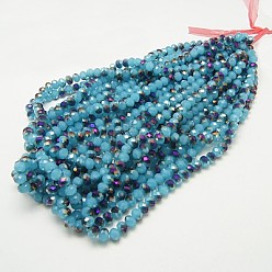 Sky Blue Electroplate Glass Faceted Rondelle Beads Strands, Imitation Jade, Half Plated, Sky Blue, 3x2mm, Hole: 1mm, about 165~169pcs/strand, 15~16 inch(38~40cm)