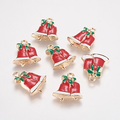 Light Gold Alloy Enamel Pendants, Bell, Light Gold, 22x17x4mm, Hole: 2mm