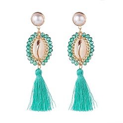 Medium Aquamarine Beads Wire Wrap Long Dangle Stud Earring, Natural Shell with Polyester Tassel Drop Earrings for Women, Golden, Medium Aquamarine, 85mm, Pin: 0.9mm