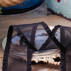 Black 10 Yards Polyester Ruffled Ribbons, for Clothing Ornament, Black, 1 inch(25mm)