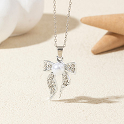 Bowknot Ожерелья с подвесками из сплава, хрустальных страз и пластиковой имитации жемчуга, платина, белые, бантом, 17.72 дюйм (45 см)