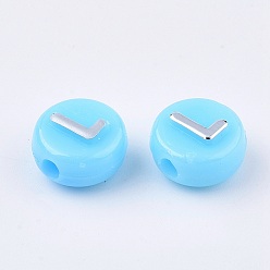 Sky Blue Plating Opaque Acrylic Beads, Metal Enlaced, Flat Round with Letter, Sky Blue, 10x6mm, Hole: 1.8mm, about 632pcs/200g