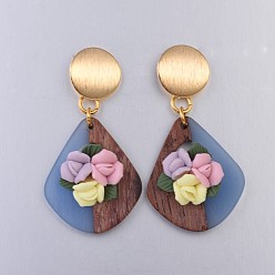 Cornflower Blue Resin & Wood Dangle Stud Earrings, with Handmade Porcelain Flower and Brass Earring Findings, Plastic Ear Nuts, teardrop, Real 18K Gold Plated, Cornflower Blue, 52~53mm, Pin: 0.8mm