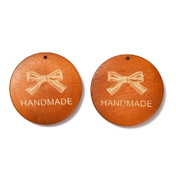 Шоколадный Древесины подвески, плоские круглые подвески с надписью "ручная работа", цвет шоколада, 39.5~40.5x5~5.5 мм, отверстие : 1.4 мм