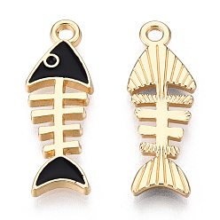 Black Alloy Pendants, with Enamel, Light Gold, Fishbone, Black, 23x8x2mm, Hole: 1.8mm