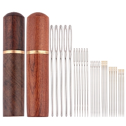 Mixed Color Iron Self-Threading Hand Sewing Needles & Tapestry Needles, with Sandalwood Leather Craft Sewing Needles Case Box, Mixed Color, 36~69x0.7~2mm