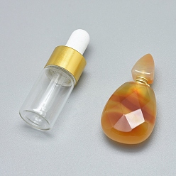 Natural Agate Faceted Natural Agate Openable Perfume Bottle Pendants, with Brass Findings and Glass Essential Oil Bottles, 40~43x21~23x12~13mm, Hole: 0.8mm, Glass Bottle Capacity: 3ml(0.101 fl. oz), Gemstone Capacity: 1ml(0.03 fl. oz)