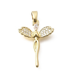 Настоящее золото 18K Латунные подвески с фианитами, ангельские прелести, долговечный, реальный 18 k позолоченный, 22x11x3 мм, отверстие : 5x3 мм