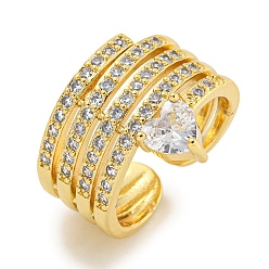 Настоящее золото 18K Кольцо-манжета с открытым сердечком из латуни с микро-паве и цирконием для женщин, долговечный, без кадмия и без свинца, реальный 18 k позолоченный, регулируемый, 17 мм