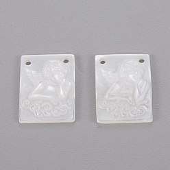 White Shell Natural White Shell Mother of Pearl Shell Pendants, Rectangle with Angel, 15.5x11.5x2.5mm, Hole: 1mm
