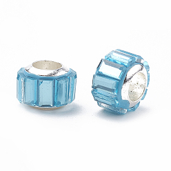 Темно-Голубой Стеклянные шампала бусины, бусины с большим отверстием, с латунным стержнем, граненые, рондель, платина, глубокое синее небо, 9x7 мм, отверстие : 5 мм