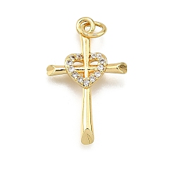 Настоящее золото 18K Латунные микро проложить кубического циркония подвески, крест и сердце, долговечный, без свинца и без кадмия, стойки покрытие, с целью перехода в кольце, реальный 18 k позолоченный, 25x15x3 мм, отверстие : 3.5 мм