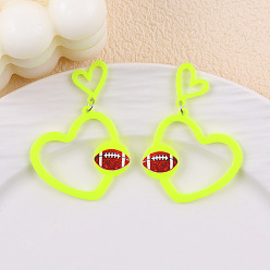 Зелено-Желтый Акриловые серьги-подвески на спортивную тематику, сердце с регби, зеленый желтый, 57x36 мм