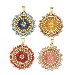 Mixed Color 304 Stainless Steel & Cylinder Glass Seed Beads Pendants, Sun Charms, with Dyed Natural Malaysia Jade Rondelle Beads, Mixed Color, 29x27.5x4.5mm, Hole: 2.5x5.5mm