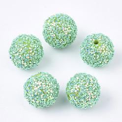 Aquamarine Acrylic Beads, Glitter Beads,with Sequins/Paillette, Round, Aquamarine, 19.5~20x19mm, Hole: 2.5mm