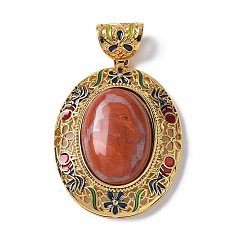 Красный Камень Натуральный красный яшма овальные подвески, латунные разноцветные эмалевые подвески, реальный 18 k позолоченный, стойки покрытие, долговечный, без свинца и без кадмия, 39x32x14 мм, отверстие : 5x7 мм