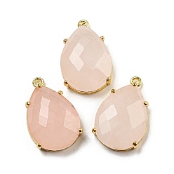 Розовый Кварц Природного розового кварца подвески, покрытие стойки латунные граненые подвески-капли, золотые, 24~24.5x16~16.5x7 мм, отверстие : 1.5 мм