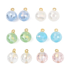 (52) Непрозрачная лаванда Подвески гальванизируйте стекла, граненый круглый шарм, с латунной дужкой, реальный 18 k позолоченный, разноцветные, 11x8 мм, отверстие : 1.6 мм