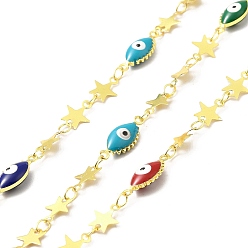 Real 18K Gold Plated Handmade Enamel Horse Eye with Evil Eye Link Chain, Star Brass Links Chains, Soldered, with Spool, Cadmium Free & Lead Free, Real 18K Gold Plated, Horse Eye: 16x6.5x4mm, Star: 8x7x0.2mm