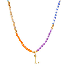Letter L Ожерелья из стеклянного бисера с радужным градиентом, латунные кулоны, золотые, Письмо L, 16.54 дюйм (42 см)