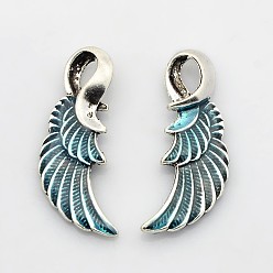 Небесно-голубой Антикварные серебряные тона сплава эмали подвески, крыло, голубой, 30x15x4 мм, отверстие : 3x6 мм