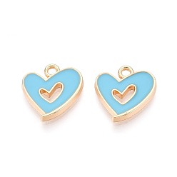 Небесно-голубой Подвески из эмали и сплава, шарма сердца, золотые, голубой, 16x15x2 мм, отверстие : 1.8~2 мм
