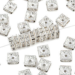 Серебро Квадратные латунные хрустальные бусины-разделители со стразами, для изготовления ювелирных изделий, поделки своими руками и аксессуары, серебряные, 8x8x3.5 мм, отверстие : 1.5 мм