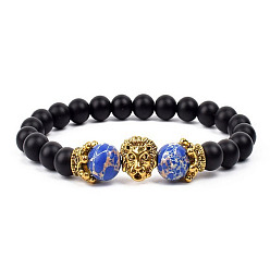 Золотой Браслеты из натуральных матовых круглых бусин, Натуральные крашеные бусины императорской яшмы и сплава с тигровыми подвесками, эластичные браслеты для мужчин и женщин, золотые