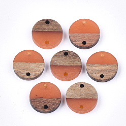 Коралловый Соединители из смолы и ореха, плоско-круглые, коралл, 15~15.5x3~4 мм, отверстие : 1.8 мм