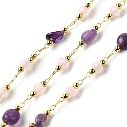 Аметист Цепочки из бусин с натуральными аметистовыми самородками ручной работы, пайки, со стеклом и латунной фурнитурой из полочного покрытия, долговечный, без свинца и без кадмия, с катушкой, реальный 18 k позолоченный, 3~6x3~4.5x3~4.5 мм