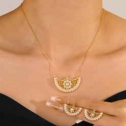 Золотой Комплекты из латунных подвесок в форме луны и серег-гвоздиков с микропаве из прозрачных кубических цирконий для женщин, золотые, ожерелья: 16.54 дюйм (42 см)