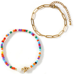 Letter P 2шт. 2 стили, стеклянный бисер и натуральная ракушка, 304 бусины из нержавеющей стали, эластичный браслет и латунная цепочка-скрепка, набор браслетов для женщин, сердце, Письмо P, 6.69 дюйм (17 см) ~ 6.89 дюйм (17.5 см)