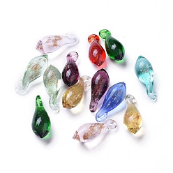 Mixed Color Handmade Lampwork Pendants, with Gold Powder, Teardrop, Mixed Color, 24x9mm, Hole: 2x3mm