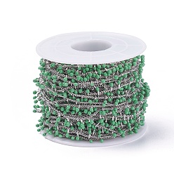 Средний Аквамарин Ручной цепи эмаль бисера, с латунной обуздать цепей, пайки, с катушкой, долговечный, Реальная платина, средний аквамарин, 5.5x1.5~2 мм, около 32.8 футов (10 м) / рулон