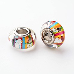 Разноцветный Большое отверстие Rondelle смолы европейские шарики, с латунными двойными ядрами, платиновый оттенок, Рождество, красочный, 14x8 мм, отверстие : 5 мм