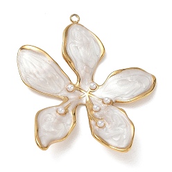 Floral White 304 Stainless Steel with Enamel Pendants, with ABS Plastic Pearl, Flower Charms, Ion Plating(IP), Real 18K Gold Plated, Floral White, 46x39x3.5mm, Hole: 1.8mm