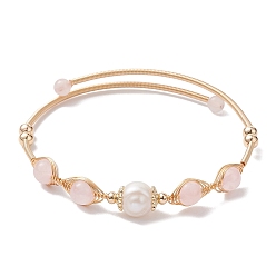 Розовый Кварц Круглый браслет-манжета из натурального розового кварца с бисером, браслет из золотой латунной проволоки, внутренний диаметр: 2 дюйм (5~5.15 см)