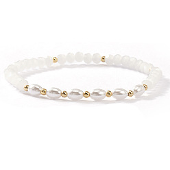 Белый Модные эластичные браслеты для женщин из натурального пресноводного жемчуга, латуни и стеклянных бусин., рондель, белые, 6.89 дюйм (17.5 см)