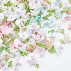 (52) Непрозрачная лаванда 100 шт. Непрозрачные подвески из акрила, лилии прелести, с акриловыми бусинами под жемчуг и петлей из золотистой латуни с шарообразными головками, разноцветные, 18.5x15.5~16x15.5~16 мм, отверстие : 2 мм