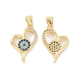 Golden Brass Micro Pave Cubic Zirconia Pendants, Heart with Evil Eye Charm, Golden, 27x13x2mm, Hole: 5x3mm