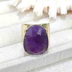 Аметист Овальные латунные манжеты с натуральным аметистом, золотые, внутренний диаметр: 18 мм